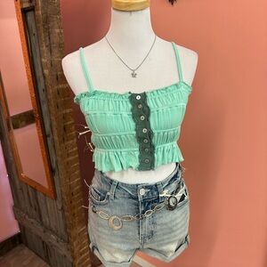 NEW! POL Mint Button-Up Ruffled Crop Top